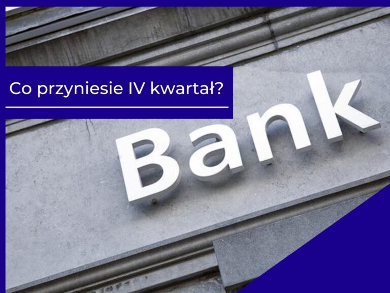 Napis Bank na ścianie budynku z pytaniem: Co przyniesie IV kwartał? na fioletowym tle.
