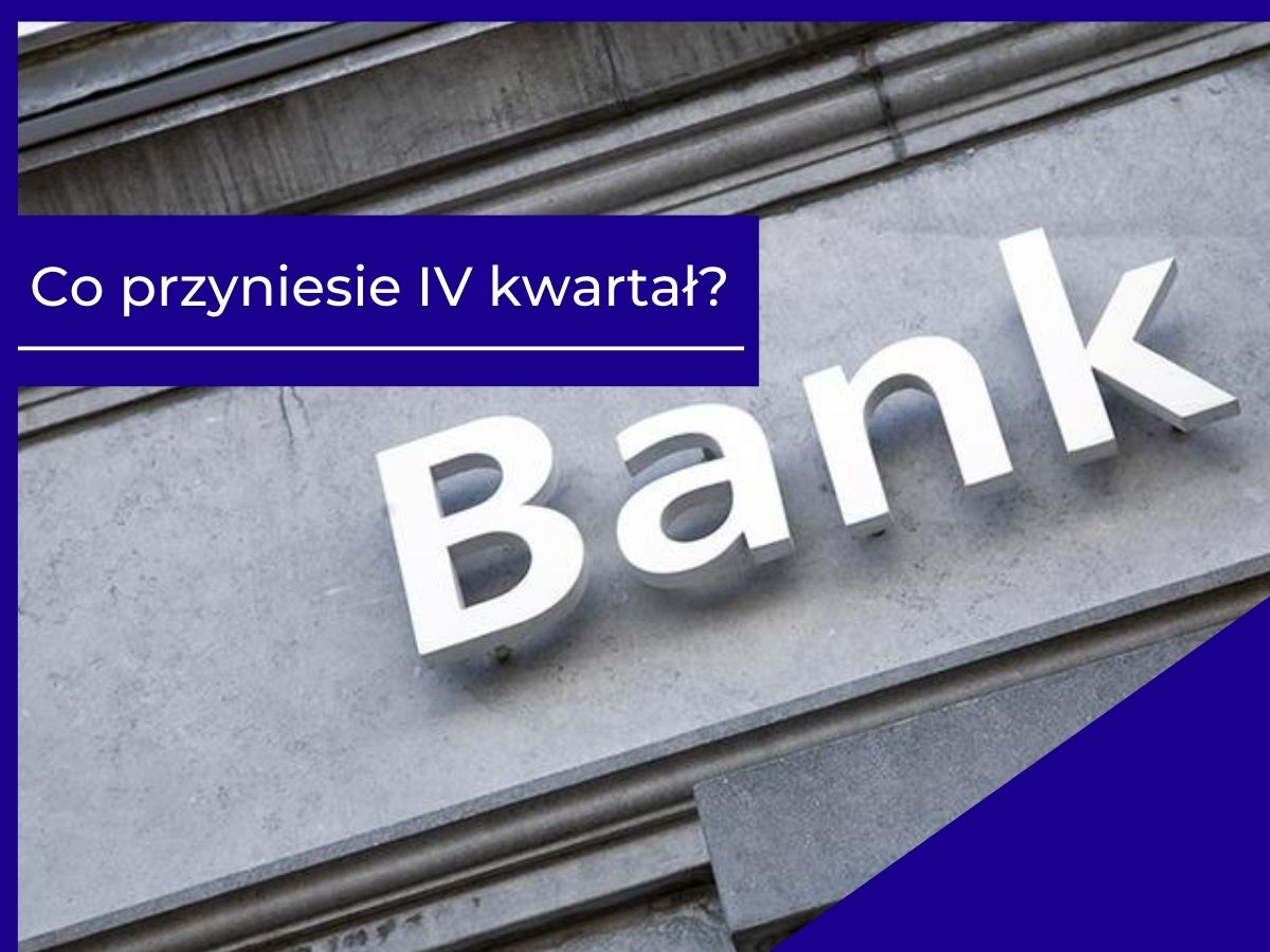 Napis Bank na ścianie budynku z pytaniem: Co przyniesie IV kwartał? na fioletowym tle.