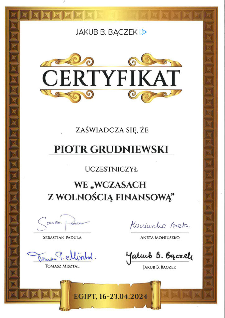 Certyfikat dla Piotra Grudniewskiego
