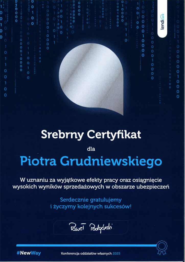 Certyfikat dla Piotra Grudniewskiego
