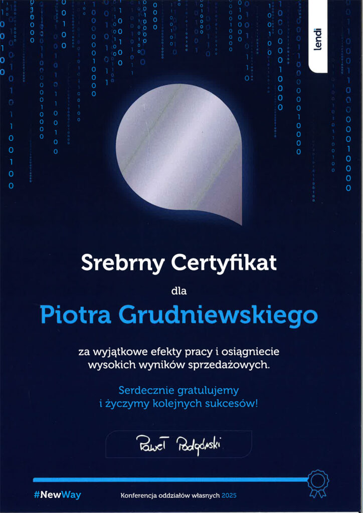Certyfikat dla Piotra Grudniewskiego